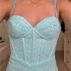 Blue Sequin Bustier Bodycon Dress